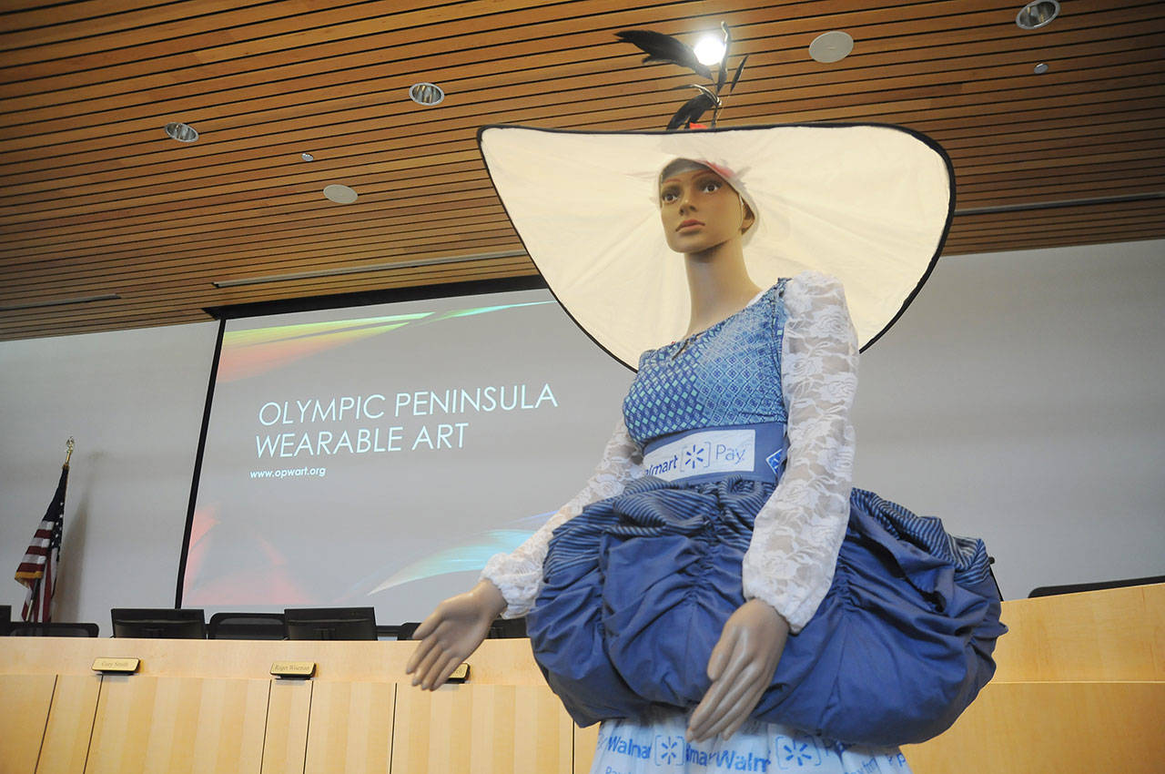 A sample of Cherry Bibler’s wearable art on display at the Sequim Civic Center at the First Friday Art Walk on Oct. 4. The Olympic Peninsula Wearable Art Show is set for Aug. 1, 2020, with entries being accepted now. (Michael Dashiell/Olympic Peninsula News Group)