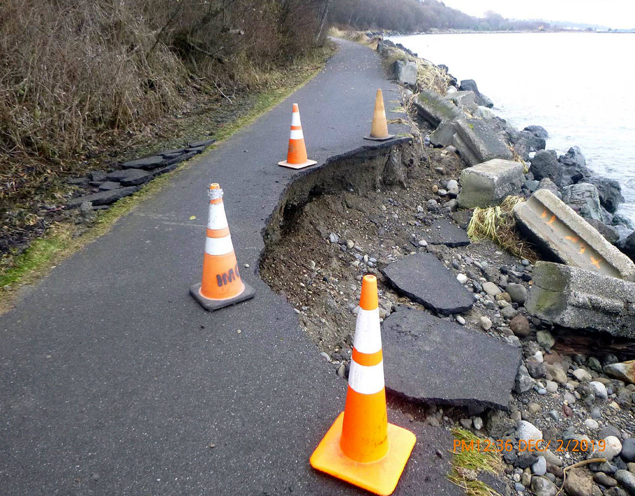 A section of the Olympic Discovery Trail blocked off after recent storm damage and mudslide make walkway impassable. (Port Angeles Parks and Recreation Department)