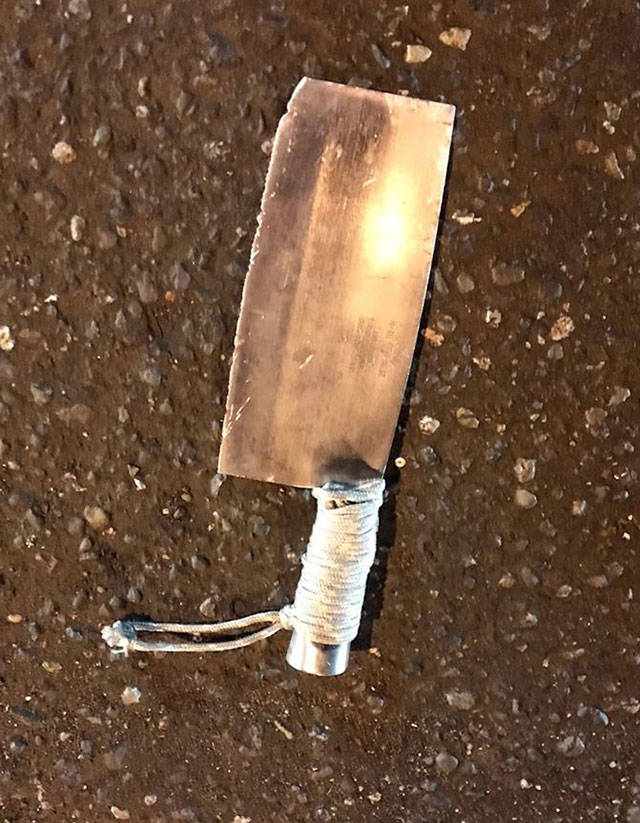 The meat cleaver that Timothy Rohn allegedly used to threaten police is shown. (Port Angeles Police Department)
