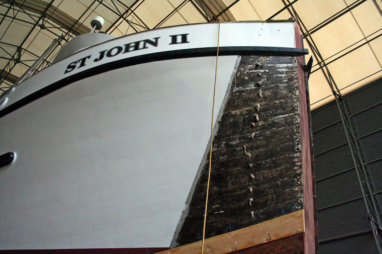 The Port Townsend Shipwright’s Co-op is working on a new stem for the St. John II. (Brian McLean/Peninsula Daily News)