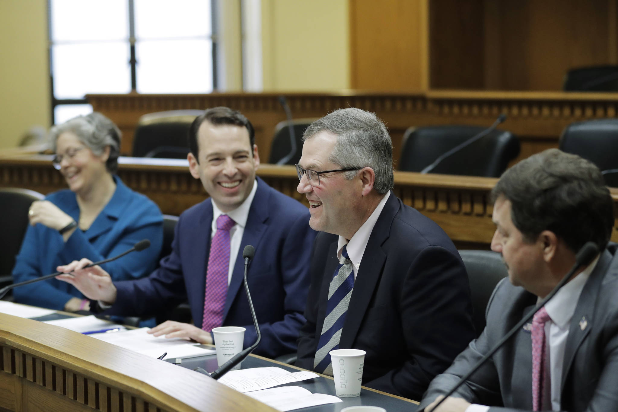 From left, House Speaker Designate Laurie Jinkins, D-Tacoma, Senate Majority Leader Andy Billig, D-Spokane, House Minority Leader J.T. Wilcox, R-Yelm, and Senate Minority Leader Mark Schoesler, R-Ritzville, take part in the AP Legislative Preview, Thursday, Jan. 9, 2020, at the Capitol in Olympia, Wash. (AP Photo/Ted S. Warren)