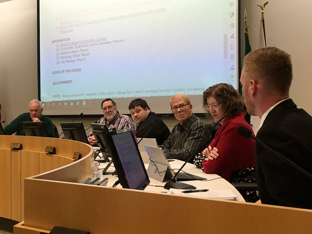 Sequim city councilors plan to meet at 3 p.m. Thursday, Jan. 23, in the Sequim Civic Center to discuss options for the application for the proposed medication-assisted treatment facility. Councilor Troy Tenneson, right, proposed a moratorium on the development, but city staff said they cant because the application was already filed. (Matthew Nash/Olympic Peninsula News Group)