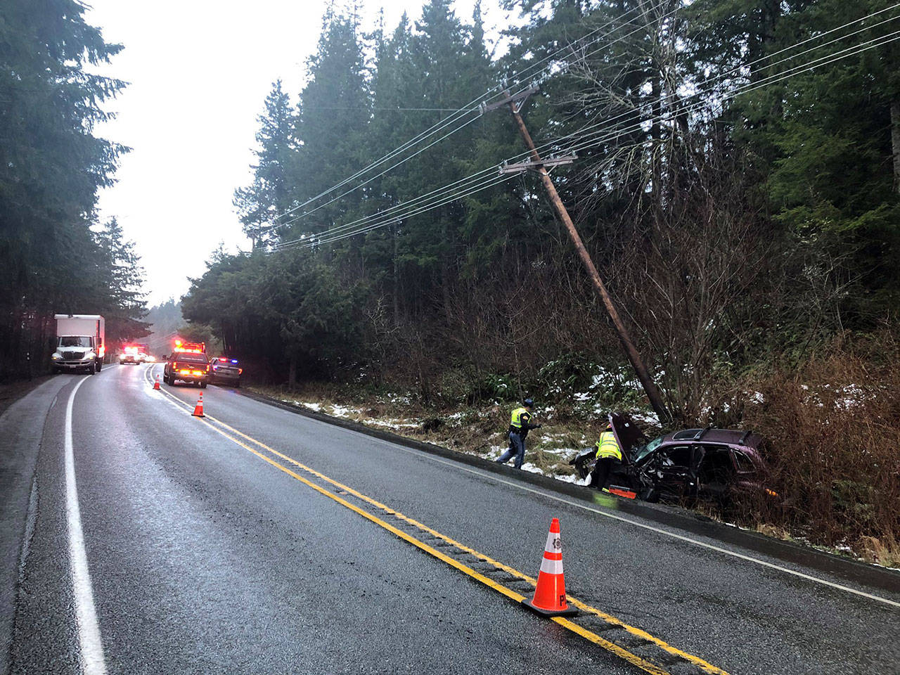 A driver collided with a utility pole Friday afternoon on state Highway 19 near Larson Lake Road. The Jefferson County Sheriff’s Office reported the road would be shut down completely until 10 p.m., and then reopened with alternating one-way traffic until 8 a.m. Saturday. (Jefferson County Sheriff’s Office)