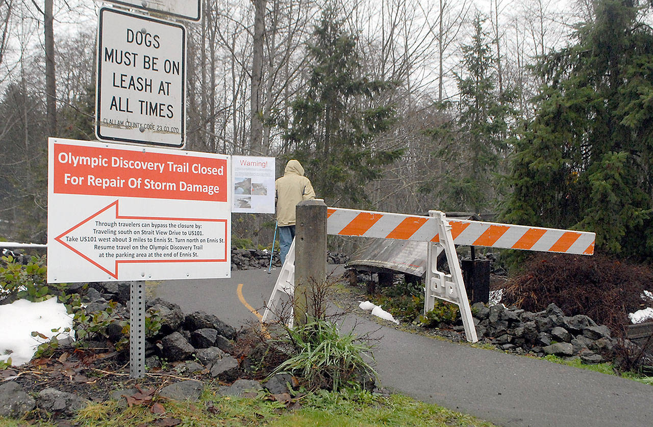 A sign and a barricade mark a closed portion of the Olympic Discovery Trail at the Morse Creek Trestle east of Port Angeles on Wednesday, Jan. 22, 2020. (Keith Thorpe/Peninsula Daily News)