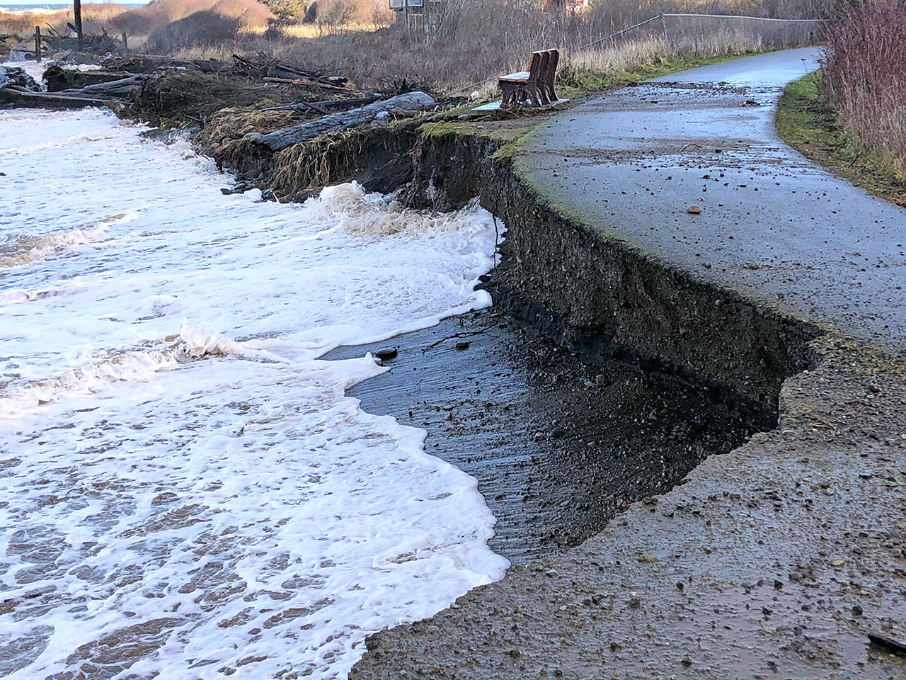 Erosion is threatening a section of the Olympic Discovery Trail near Four Seasons Ranch, west of Port Angeles, as seen in this Jan. 12, 2020, photo. (Mark Swanson)