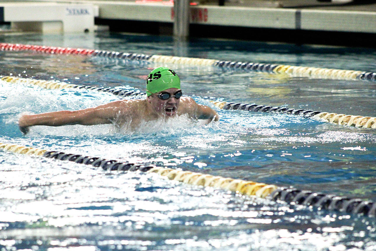 Port Angeles Alex Hertzog swims the 100-yard butterfly against Bremerton on Thursday.                                Patty Reifenstahl