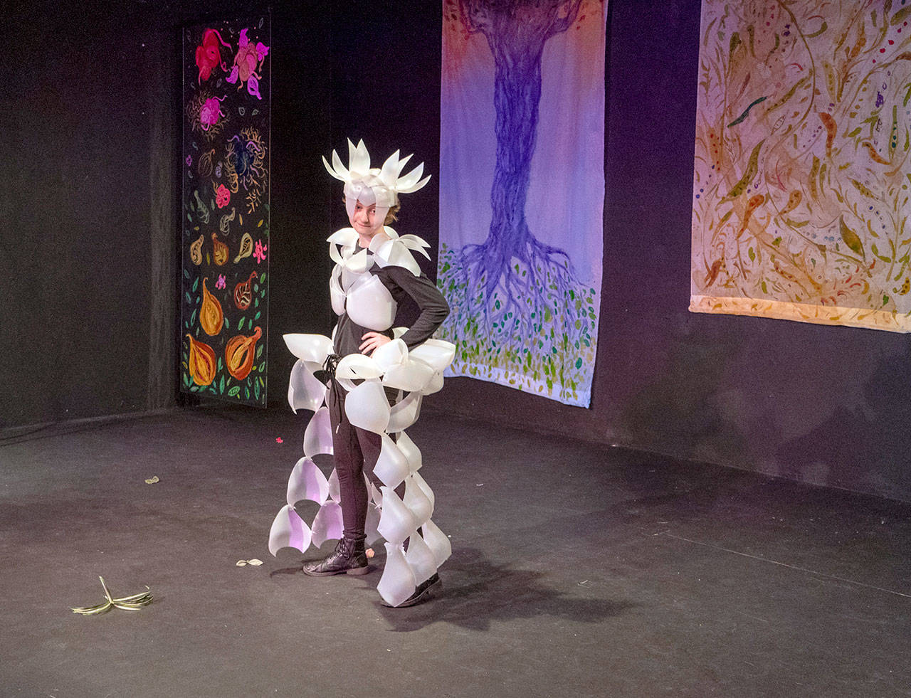 ‘Extinction Rebellion,’ shown by artist and model Natalie Grant during the Student Wearable Art Show at Key City Public Theatre in Port Townsend, won first prize in the show. (Steve Mullensky/for Peninsula Daily News)
