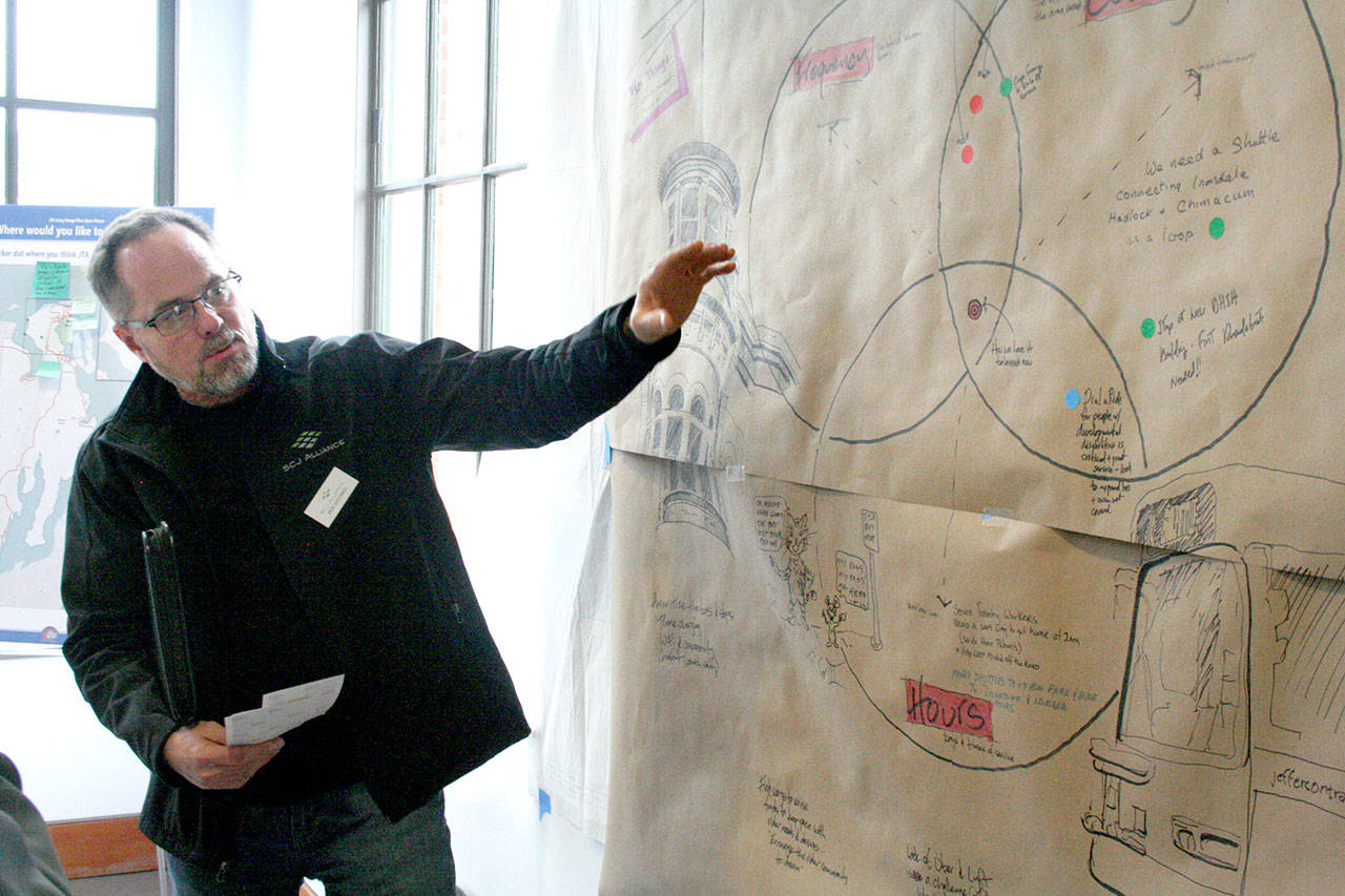 Rick Hastings of SCJ Alliance discusses a concept called a graffiti wall where participants at a Jefferson Transit Authority open house Wednesday, Jan. 29, 2020, could write down community needs in a venn diagram. (Brian McLean/Peninsula Daily News)