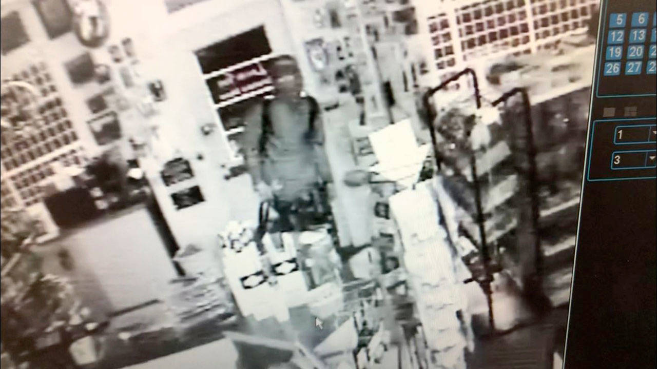 The Clallam County Sheriff’s Office released this image of a Thursday-morning burglary at the Lincoln Park Grocery, the second burglary at the convenience store in as many weeks.