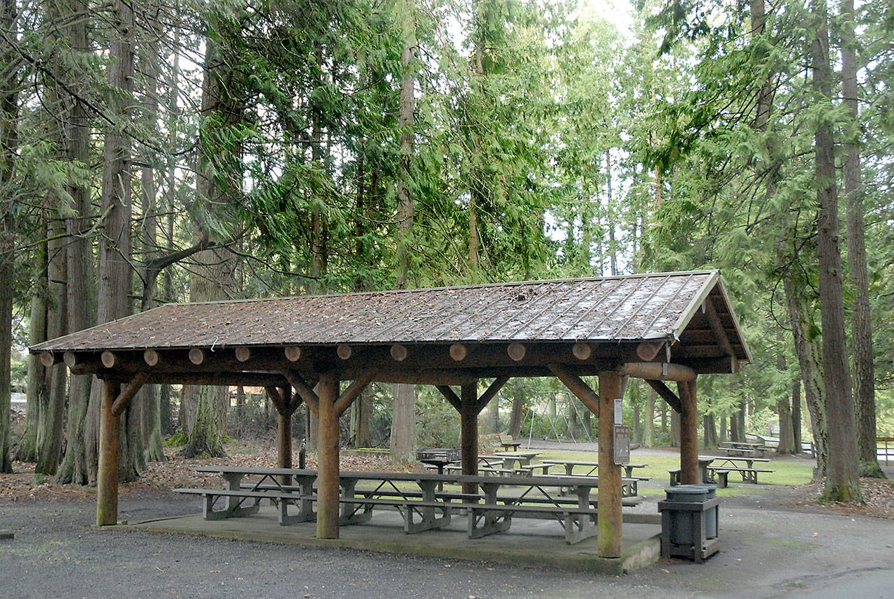 The picnic shelter at Sequim Bay State Park, shown Saturday, Feb. 1, 2020, will continue to require usage fees as state lawmakers consider spiking a proposal to eliminate the annual Discover Pass. (Keith Thorpe/Peninsula Daily News)