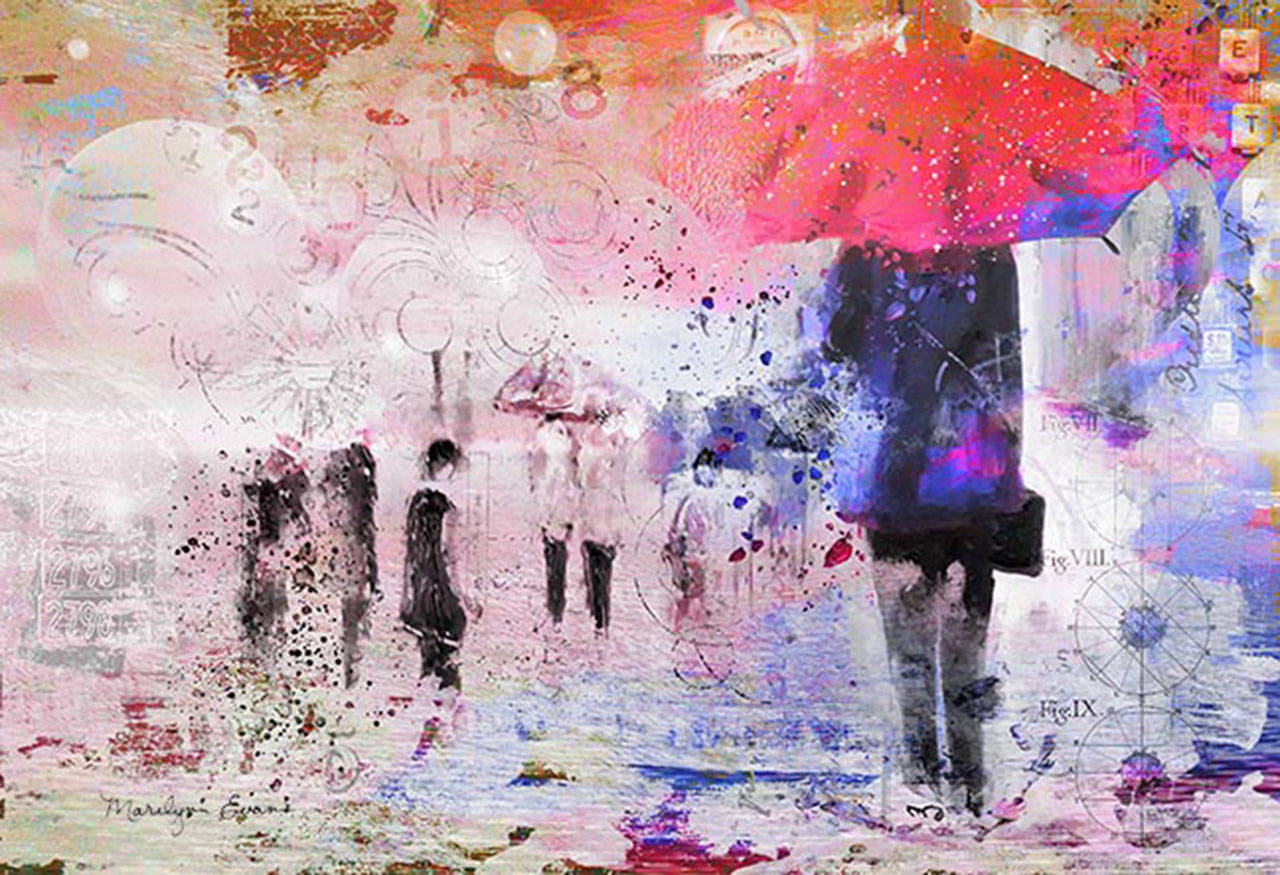 “Figures in the rain” by Marilynn Evans, who is a featured artist at the Blue Whole Gallery in February.