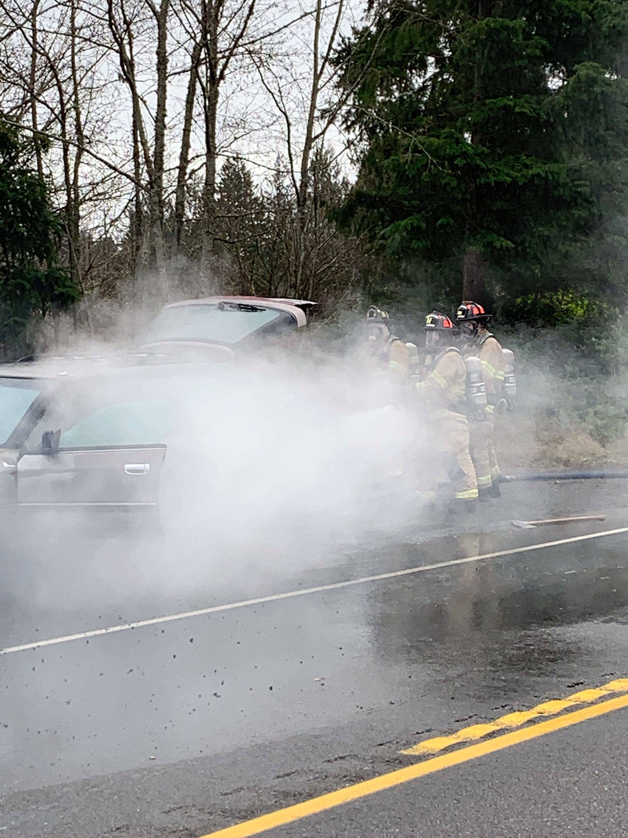 State Highway 20 was briefly closed in both directions Tuesday, Feb. 11, 2020, because of a car fire. (East Jefferson Fire-Rescue)
