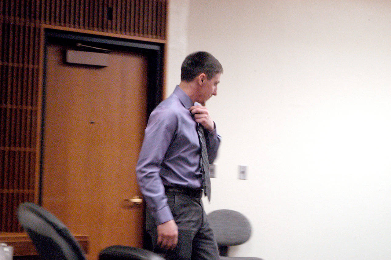 Zachary A. Fletcher enters Clallam County Superior Court on Monday, Feb. 10, 2020, during the first day of his bench trial on two charges of alcohol-related vehicular assault. (Paul Gottlieb/Peninsula Daily News)