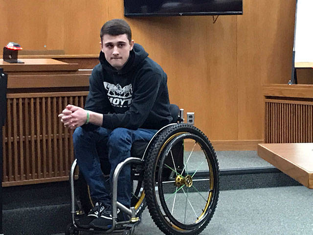 Jacob Torey testifies Tuesday, Feb. 11, 2020, in the vehicular assault trial of Zachary Alan Fletcher. (Paul Gottlieb/Peninsula Daily News)