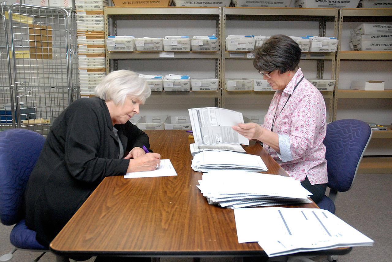 Clallam County election workers Connie Miller of Port Angeles, left, and Nancy Buckner of Sequim audit ballots Wednesday, Feb. 12, 2020, at the Clallam County Courthouse. (Keith Thorpe/Peninsula Daily News)