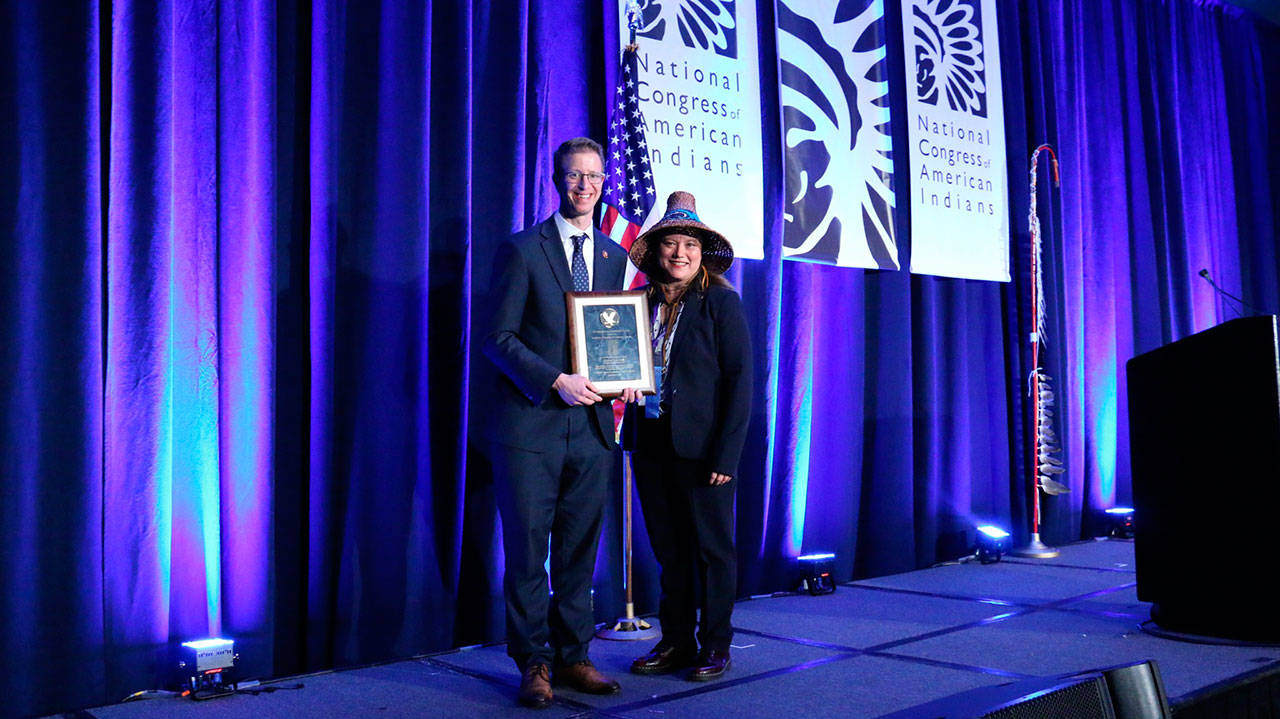 U.S. Rep. Derek Kilmer accepts the the 2020 Congressional Leadership Award from the National Congress of American Indians. Here he is pictured with Quinault Indian Nation President Fawn Sharp. (Submitted photo)