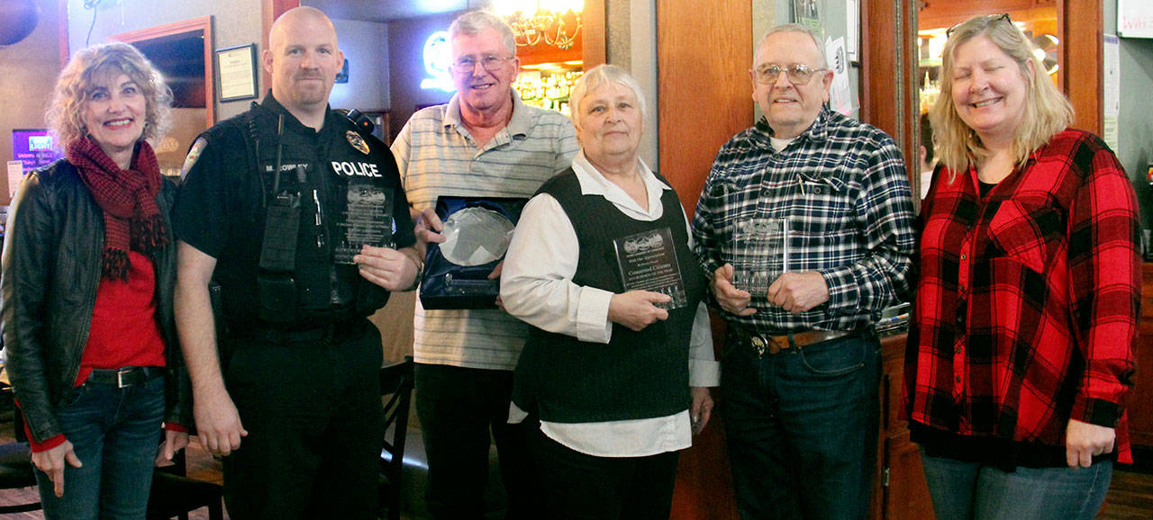 Chamber President Christi Baron, Forks Police Chief Mike Rowley, Bruce Guckenberg from Sully’s Drive-In, Robin Schostak Concerned Citizens, Glenn King Forks Food Bank, and Chamber of Commerce Director Lissy Andros. Not pictured WSP Trooper Allen Nelson. (Forks Forum)