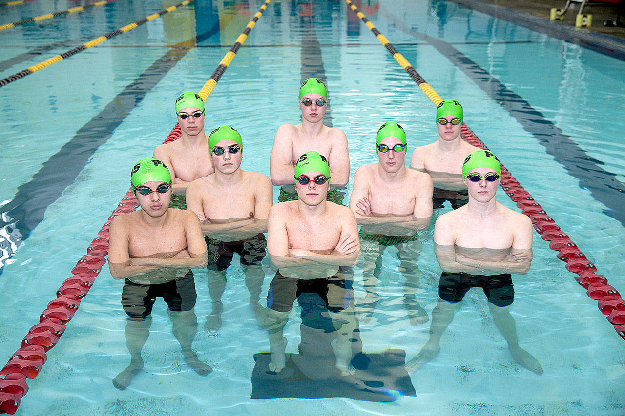 The Port Angeles boys swim team will be sending eight swimmers to the state 2A WIAA Swim and Dive championships in Federal Way on Friday and Saturday. From left, back row, are Josh Krzysiak, Taylor Martin and Adam Boyd. From left, front, are Alex Che, Alex Hertzog, Henry Shaw, Josh Gavin and Carter Droz.