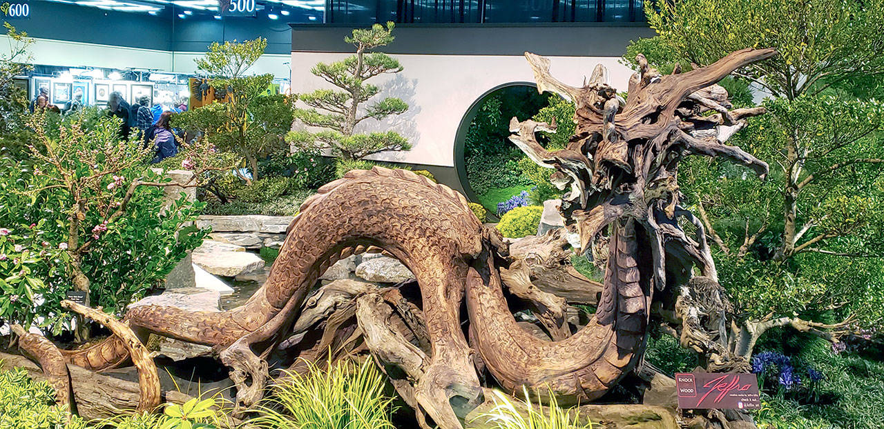 A driftwood dragon made for a breathtaking display at last years Northwest Flower and Garden Show. (Andrew May/For Peninsula Daily News)