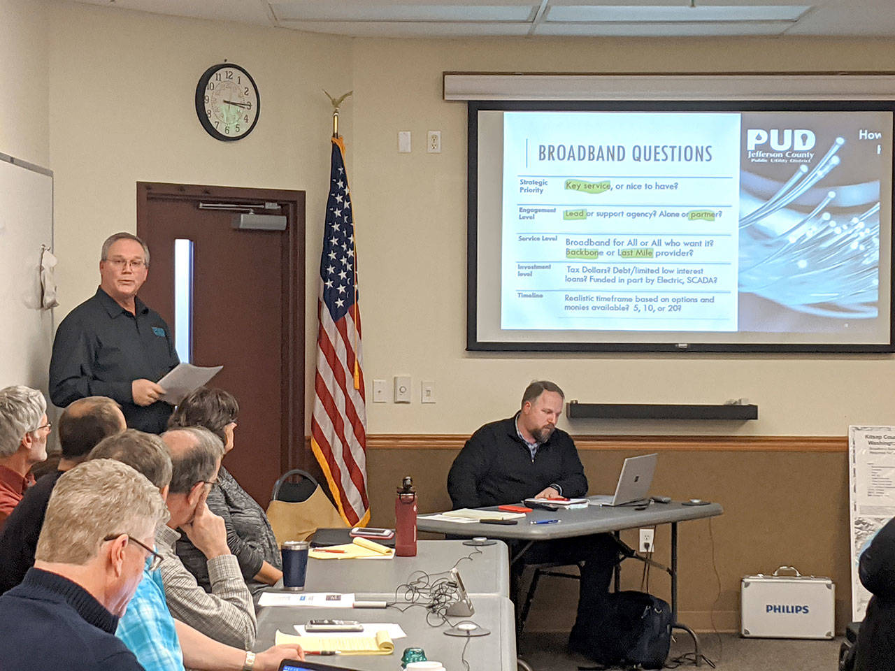 Jefferson Public Utility District general manager Kevin Street addresses a crowd of about 50 people, discussing the possibilities of broadband internet in Jefferson County at a special meeting conducted at the Port Townsend Fire Hall on Tuesday afternoon. (Zach Jablonski/Peninsula Daily News)