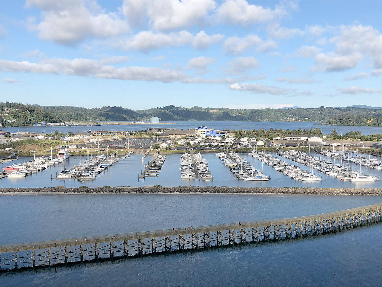 In this July 22, 2019, file photo, Oregon State University’s Marine Studies Building, which is under construction in a tsunami inundation zone, is viewed from the Yaquina Bay Bridge in Newport, Ore. (Andrew Selsky/The Associated Press)