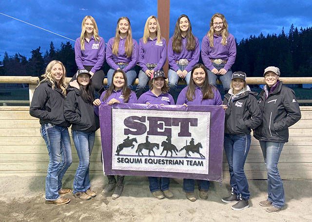 Local participants in Washington State High School Equestrian Teams did well at their first competition of the season last weekend at the Grays Harbor Fairgrounds. Sequim’s 2020 team top row, from left, Lexi King, Hannah Kokoschko, Grace Niemeyer, Emma Albright and Keri Tucker. Bottom row, from left, assistant coach Bettina Hoesel, coach Sydney Balkan, Abby Garcia, Abbi Priest, Lilly Thomas, coach Haylie Newton and coach Katie Newton.