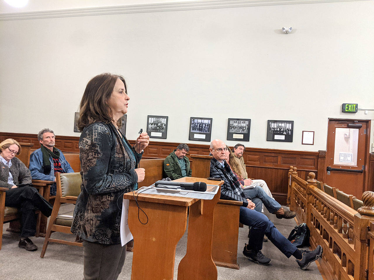 District 2 planning commissioner Lorna Smith speaks at the public hearing for the Jefferson County Critical Areas Ordinance update Monday night in the Superior Courtroom of the Jefferson County Courthouse. (Zach Jablonski/Peninsula Daily News)