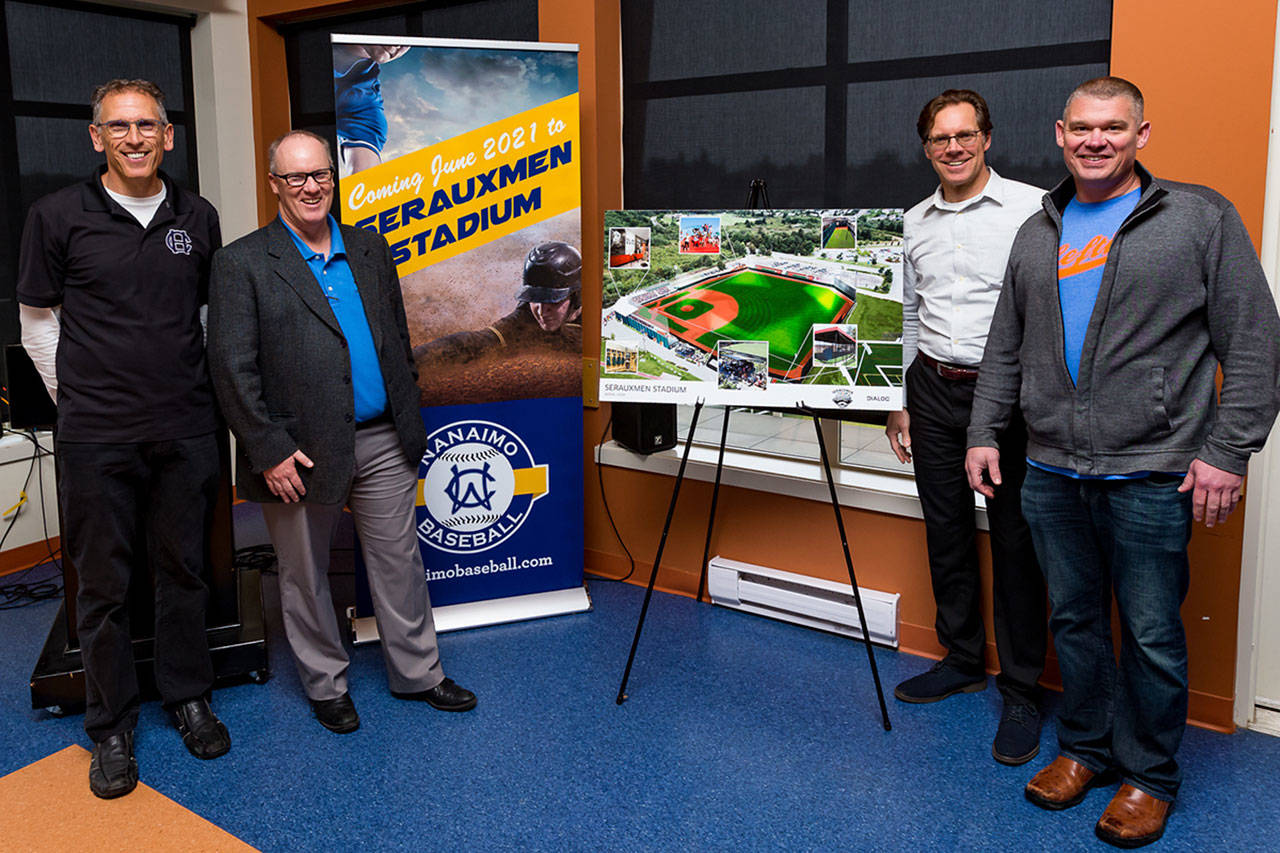 Team owners Rich Harder (left), Jim Swanson (left centre), West Coast League Commissioner Rob Neyer (right centre) and Port Angeles Lefties owner Matt Acker (right) were on hand in Nanaimo Thursday to announce a new Nanaimo team in the West Coast League (Photo: Christian J. Stewart)