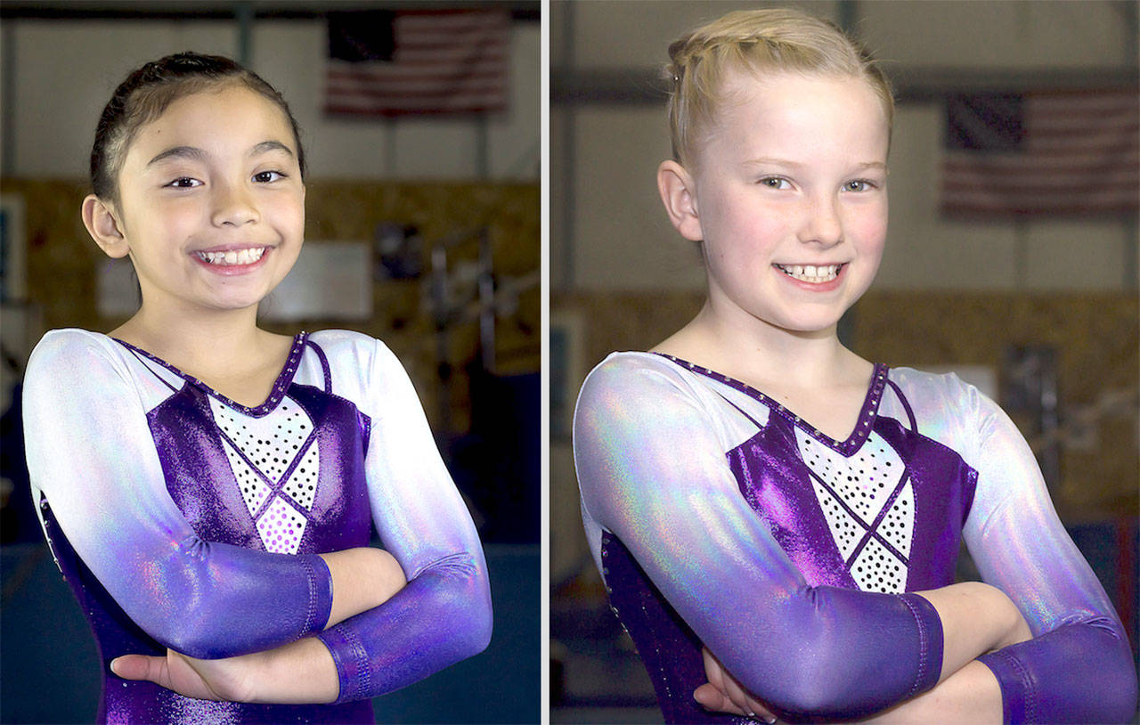 Klahhane Gymnastics’ Kira Hartman, left, finished second in the all-around in the Silver Division Jr. A age group at the Skookum Challenge in Shelton this weekend. Teammate Mariah Traband finished first.