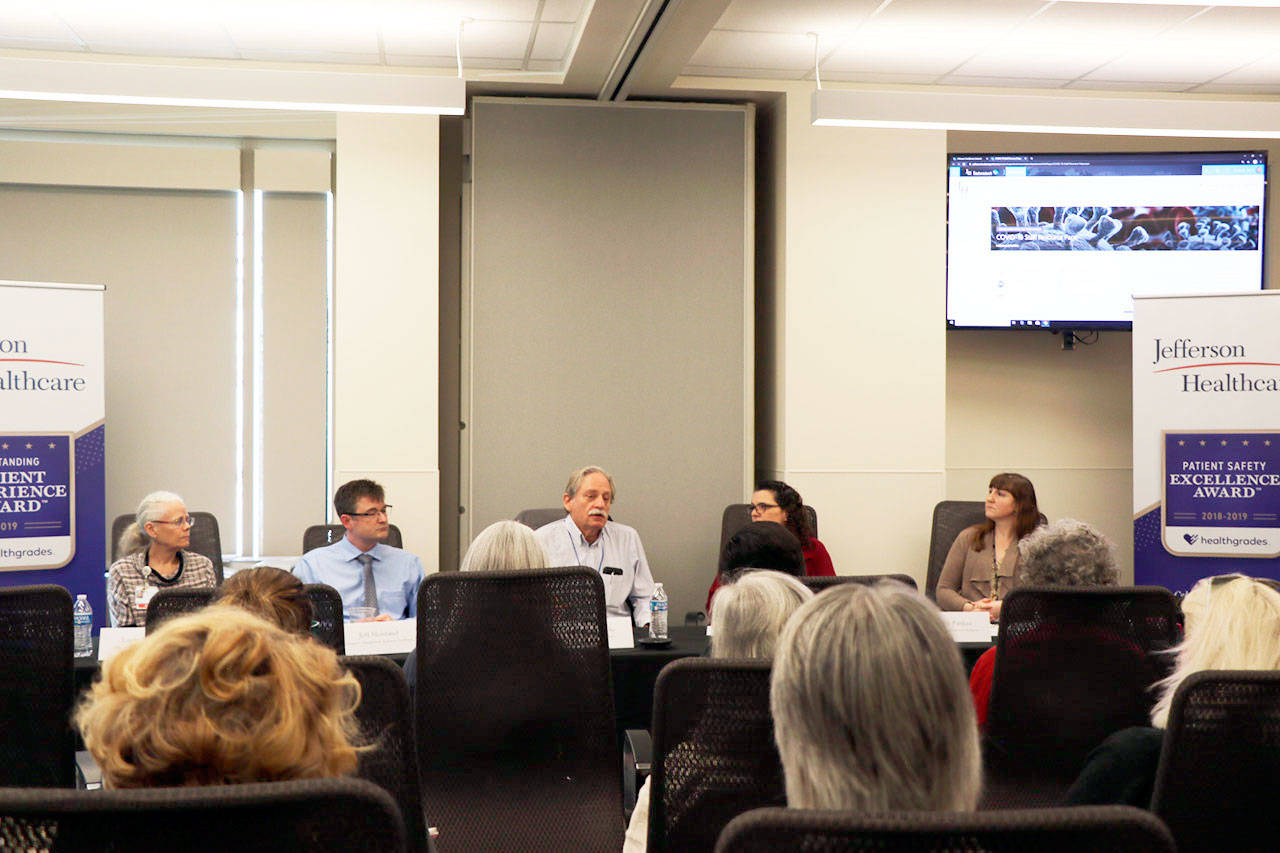 A panel of Jefferson Healthcare leaders provide an update and answer staff questions on COVID-19 on Wednesday, March 11, 2020. (Ken Park/Peninsula Daily News)