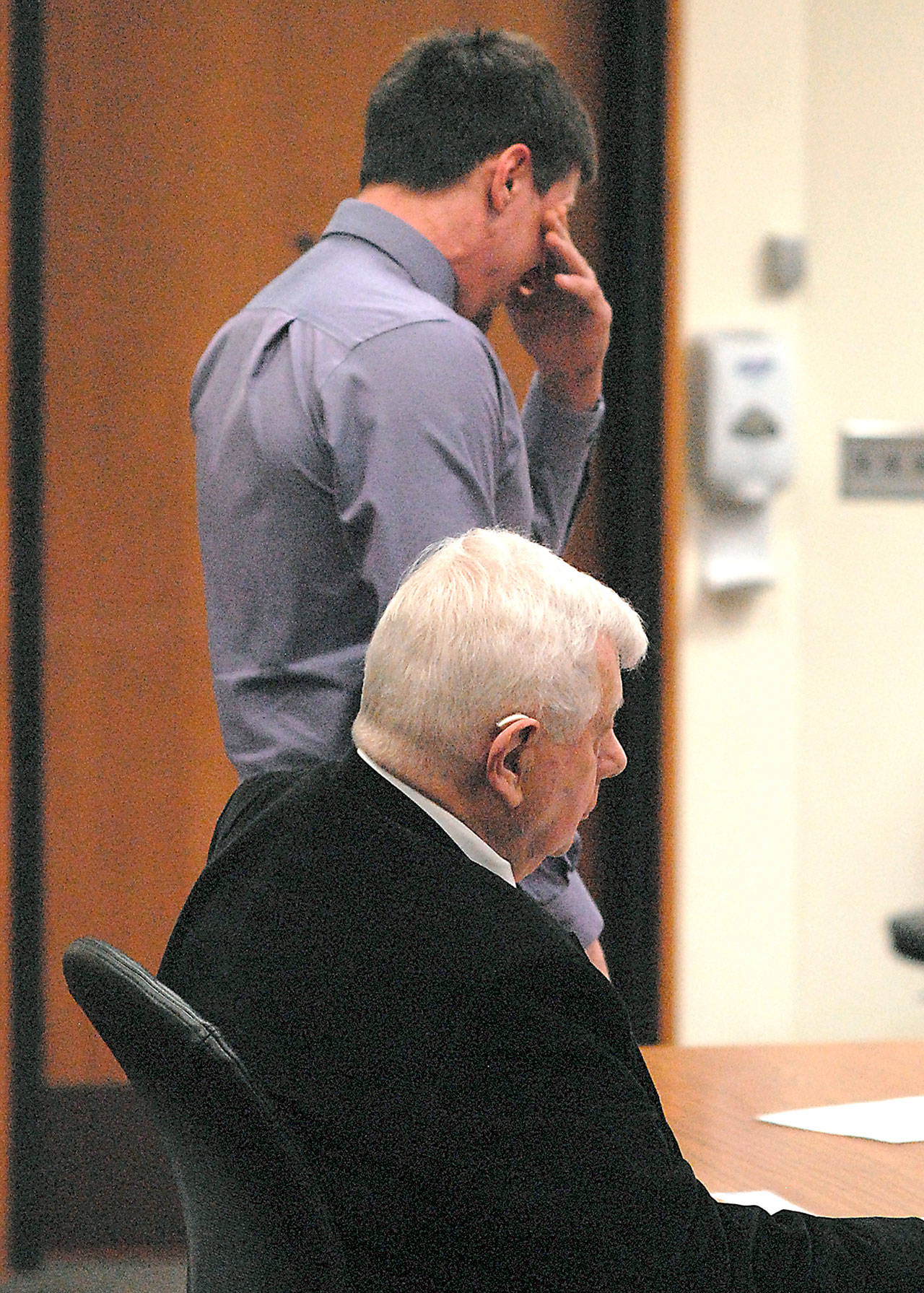Zachary A. Fletcher breaks down in tears while speaking for himself during Wednesday’s sentencing hearing on two counts of vehicular homicide. Seated is attorney Larry Freedman. (Keith Thorpe/Peninsula Daily News)