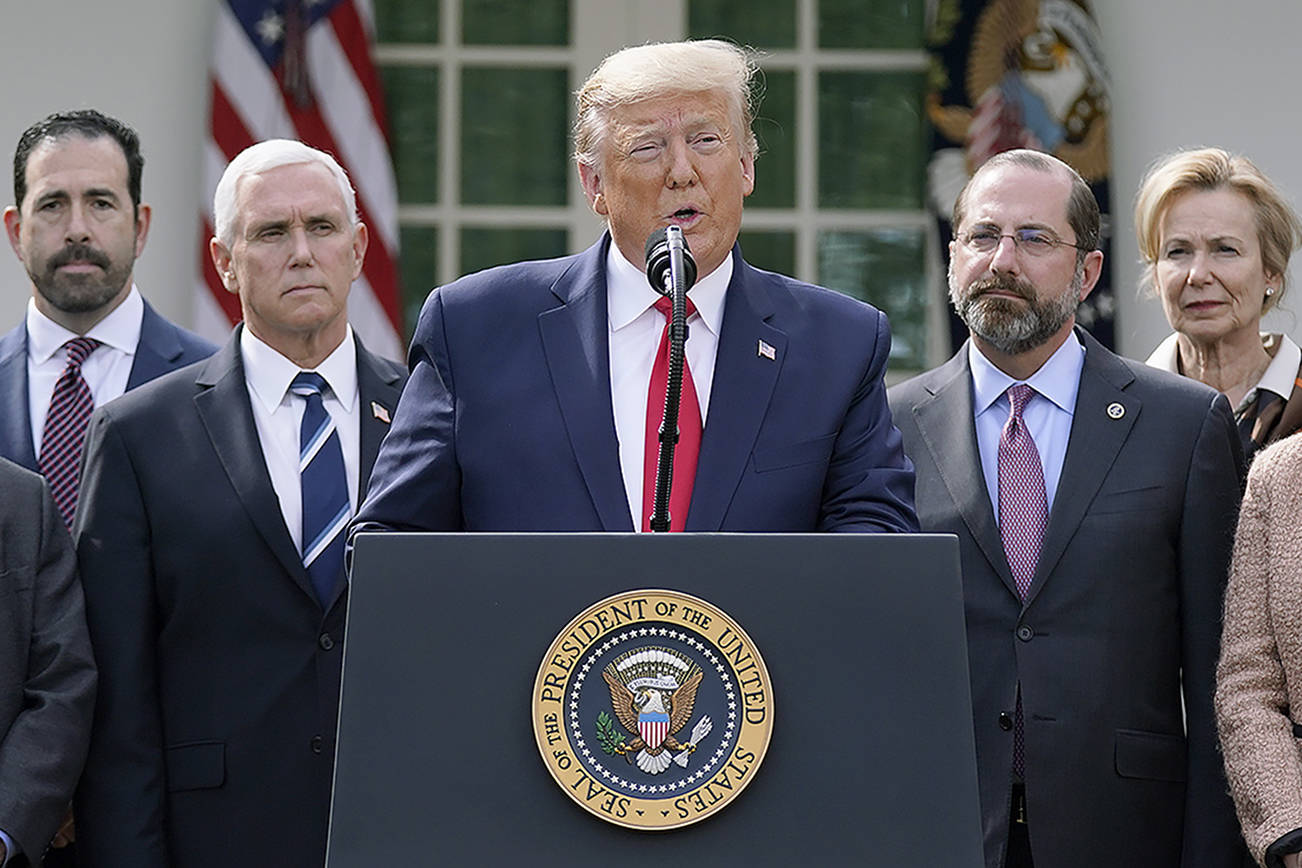 President Donald Trump speaks during a news conference about the coronavirus in the Rose Garden of the White House, Friday, March 13, 2020, in Washington. (AP Photo/Evan Vucci)