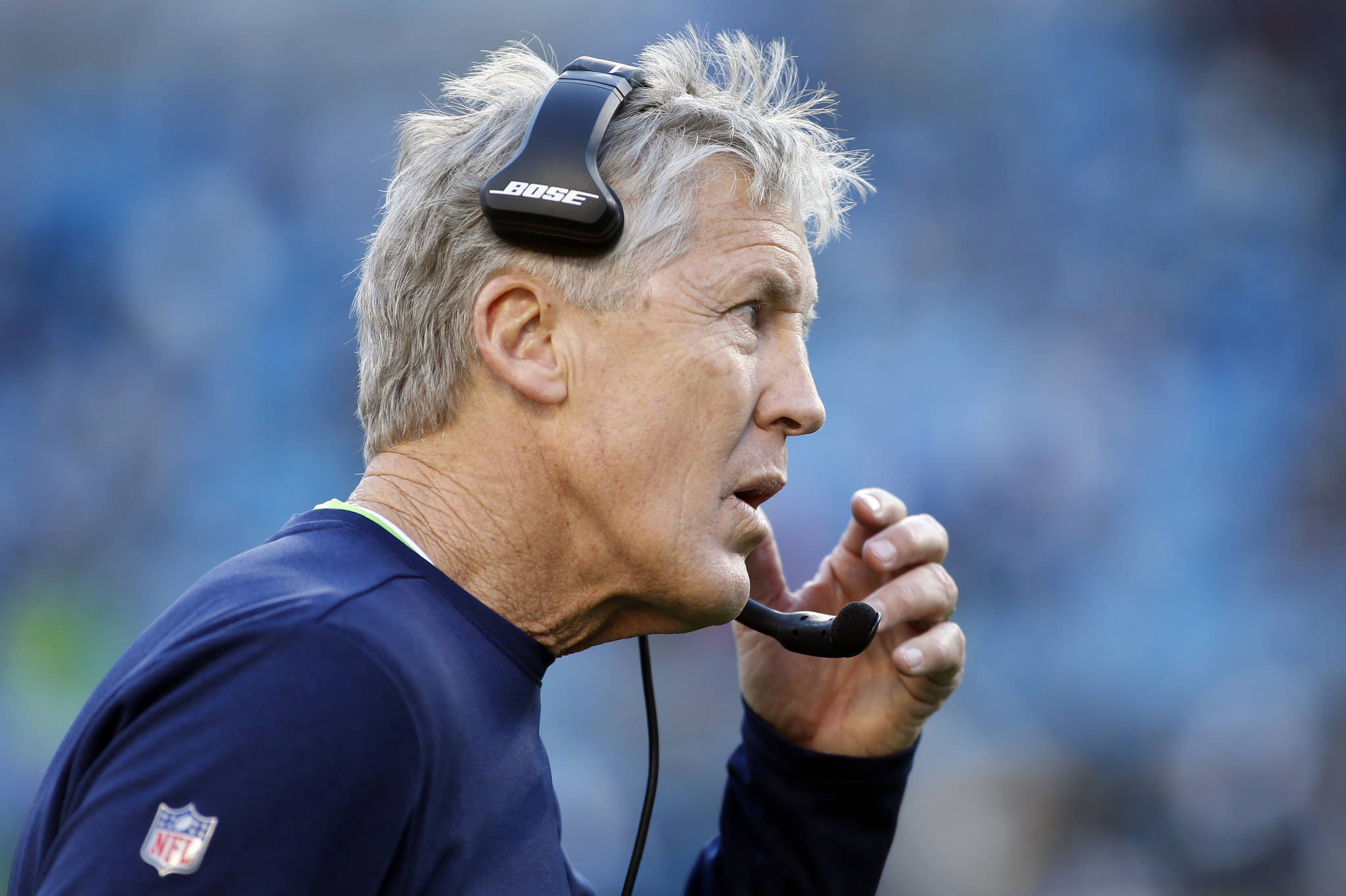 FILE- In this Dec. 15, 2019, file photo, Seattle Seahawks coach Pete Carroll watches from the sideline during the second half of the team’s NFL football game against the Carolina Panthers in Charlotte, N.C. This fall, all four teams from one division could theoretically make the playoffs. If any division is going to do it, the NFC West certainly seems to have the best chance, based on these four teams’ recent body of work and their prospects for the year ahead. (AP Photo/Brian Blanco, File)