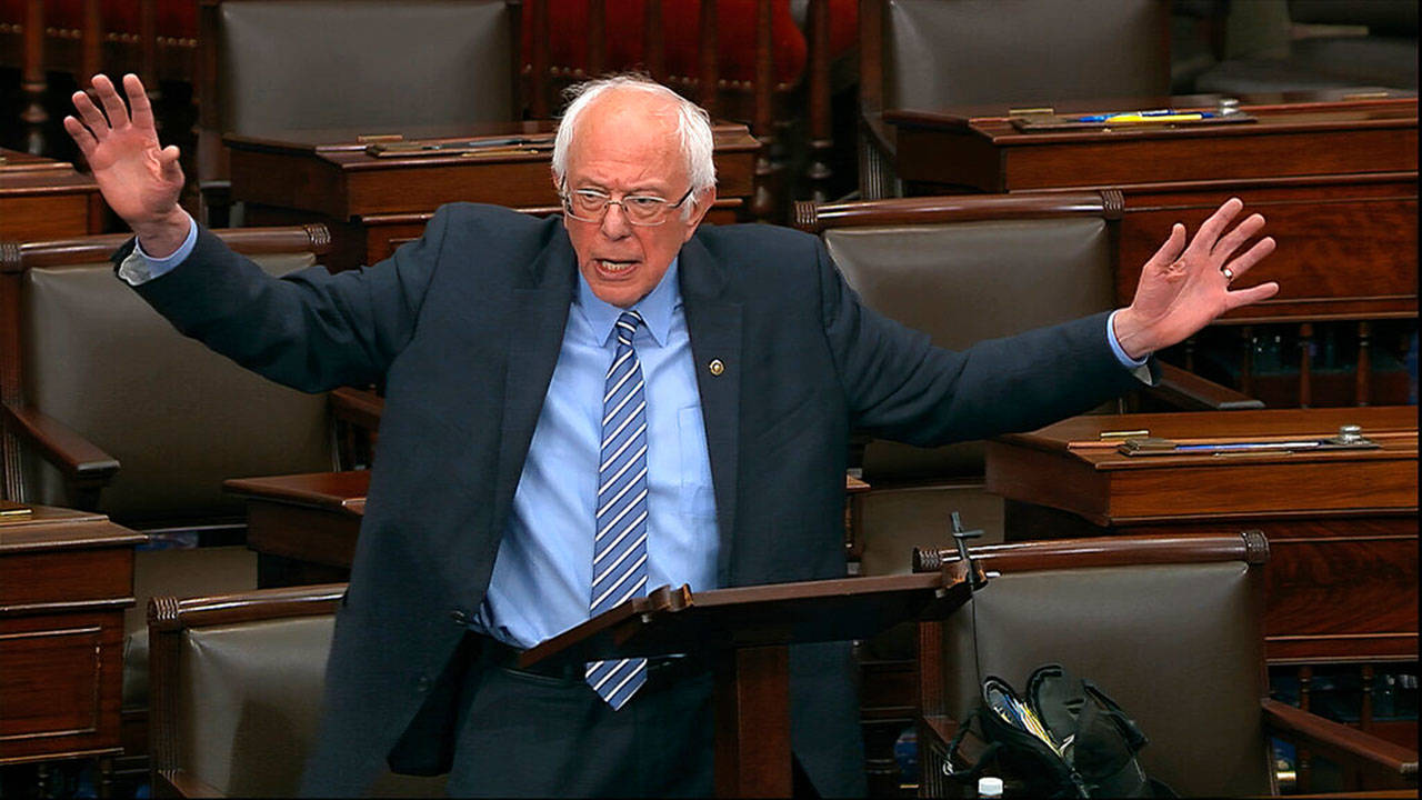 In this image from video, Sen. Bernie Sanders, I-Vt., speaks on the Senate floor at the U.S. Capitol in Washington on Wednesday, March 25, 2020. (Senate Television via AP)