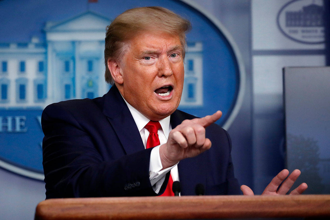 President Donald Trump speaks about the coronavirus in the James Brady Press Briefing Room at the White House on Monday, April 13, 2020, in Washington. (Alex Brandon/The Associated Press)