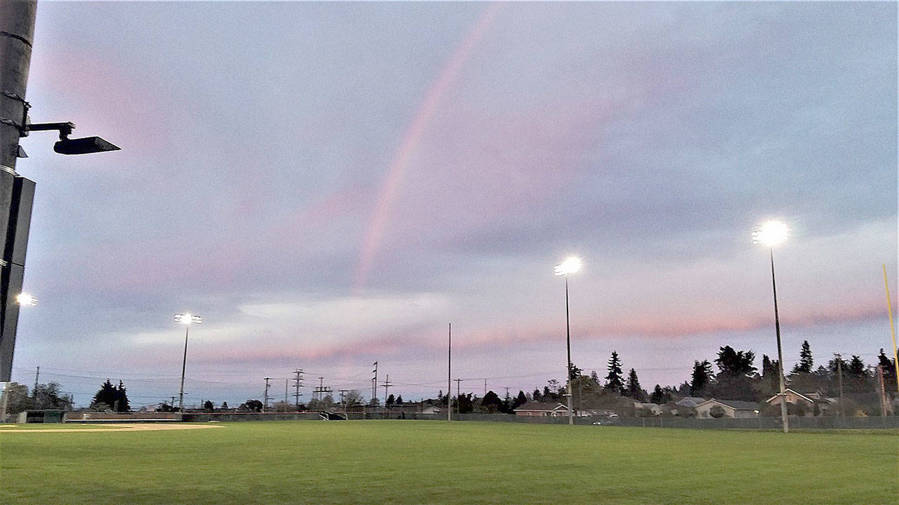 The lights at Port Angeles Civic Field were turned on for 20 minutes Friday night to honor the school’s spring 2020 student-athletes who lost their seasons to the COVID-19 virus. Schools all around the Olympic Peninsula did the same thing. (Pierre LaBossiere/Peninsula Daily News)