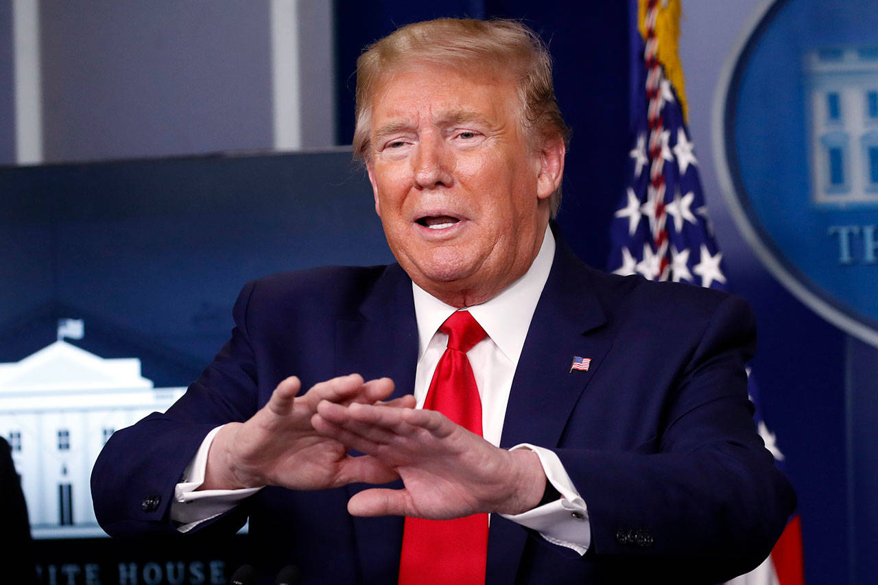 President Donald Trump speaks about the coronavirus in the James Brady Press Briefing Room of the White House on Monday, April 20, 2020, in Washington. (Alex Brandon/The Associated Press)