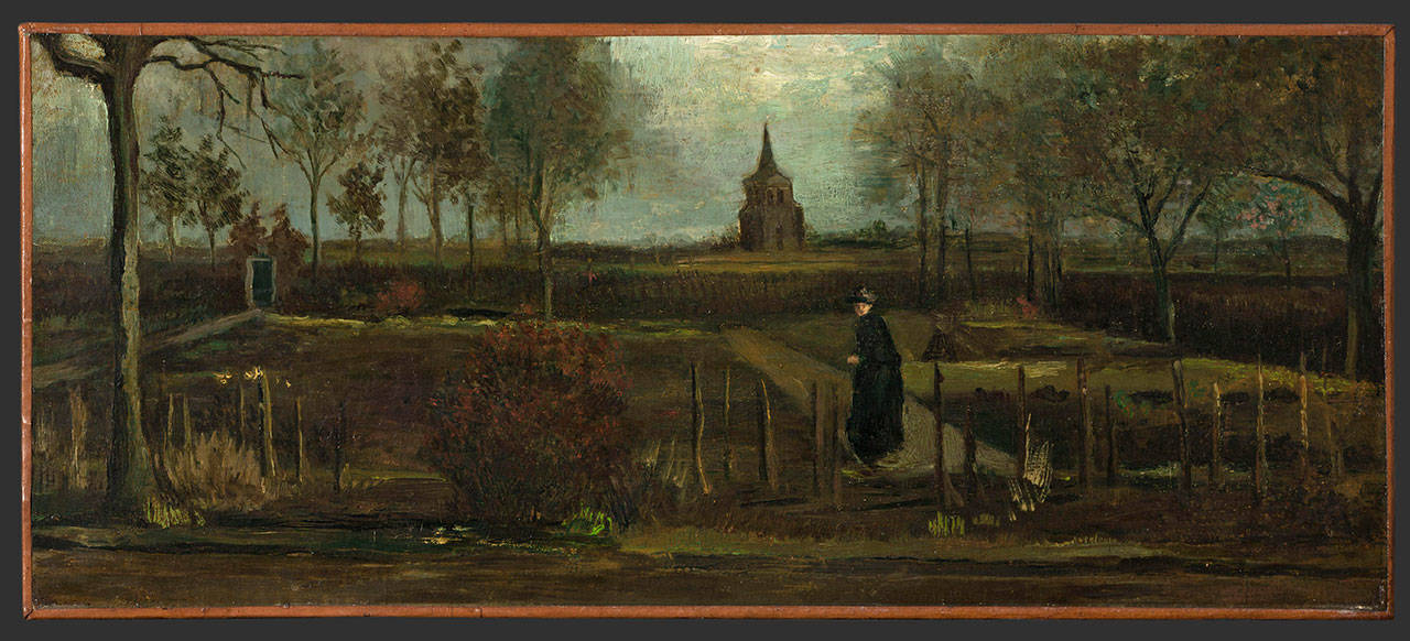 This image released by the Gronninger Museum on Monday March 30, 2020, shows Dutch master Vincent van Gogh’s painting titled “The Parsonage Garden at Nuenen in Spring” which was stolen from the Singer Museum in Laren, Netherlands on Monday, March 30, 2020. A Dutch crime-busting television show has aired security camera footage showing how an art thief smashed his way through reinforced glass doors at a museum in the early hours of March 30. He later hurried out through the museum gift shop with a Vincent van Gogh painting tucked under his right arm and the sledgehammer in his left hand. (Groninger Museum via AP Photo, File)