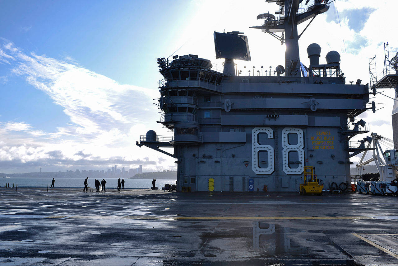 The deck of the USS Nimitz is pictured after it began a new training mission. The aircraft carrier is currently conducting routine operations. (U.S. Navy photo by Mass Communication Specialist 2nd Class Christopher R. Jahnke)