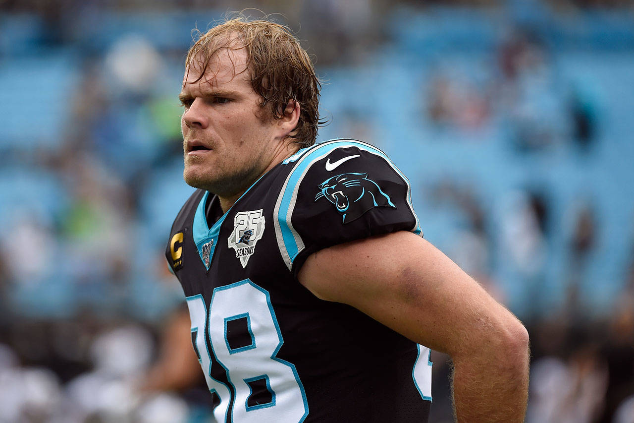 In this Dec. 29, 2019, file photo, Carolina Panthers tight end Greg Olsen warms up prior to the team’s NFL football game against the New Orleans Saints in Charlotte, N.C. Released by Carolina in late January, Olsen eventually signed a $7 million, one-year deal with the Seattle Seahawks in February after considering Washington and Buffalo as other potential landing spots. (Mike McCarn/Associated Press file)