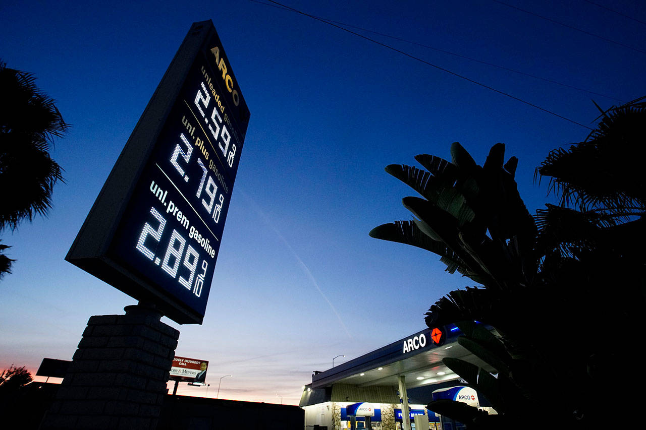 An Arco service station displays the price of three grades of gasoline Thursday, May 7, 2020, in Santa Ana, Calif. (Chris Carlson/Associated Press)