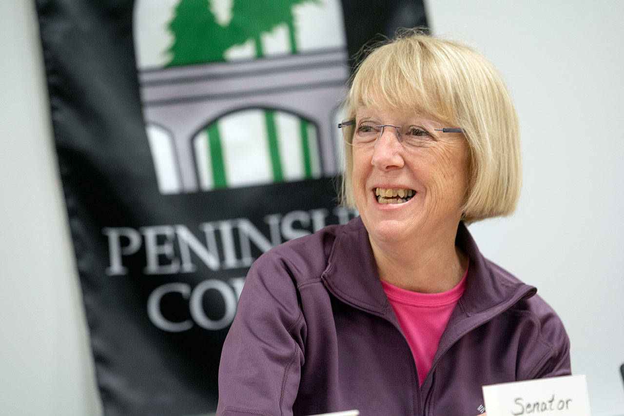 U.S. Sen. Patty Murray during her visit to the Peninsula College campus in Forks in 2019, where she discussed new legislation that would tackle the nationwide digital equity gap. (Jesse Major/Peninsula Daily News file)