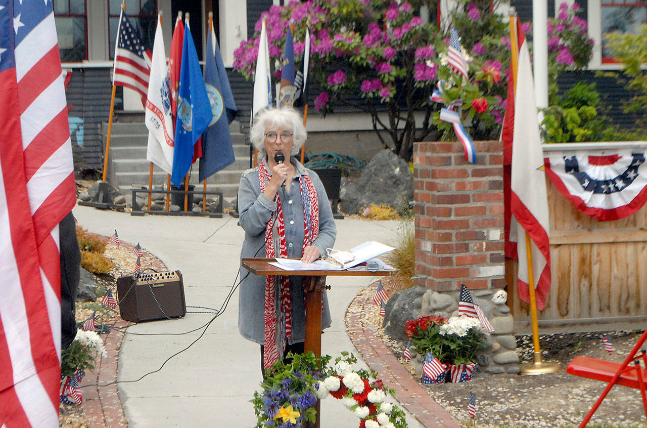 Betsy Shultz, a Gold Star mother and executive director of the Captain Joseph House Foundation, speaks in front of the Captain Joseph House on Friday, May 22, 2020, in Port Angeles during the recording of a virtual Memorial Day presentation. (Keith Thorpe/Peninsula Daily News)