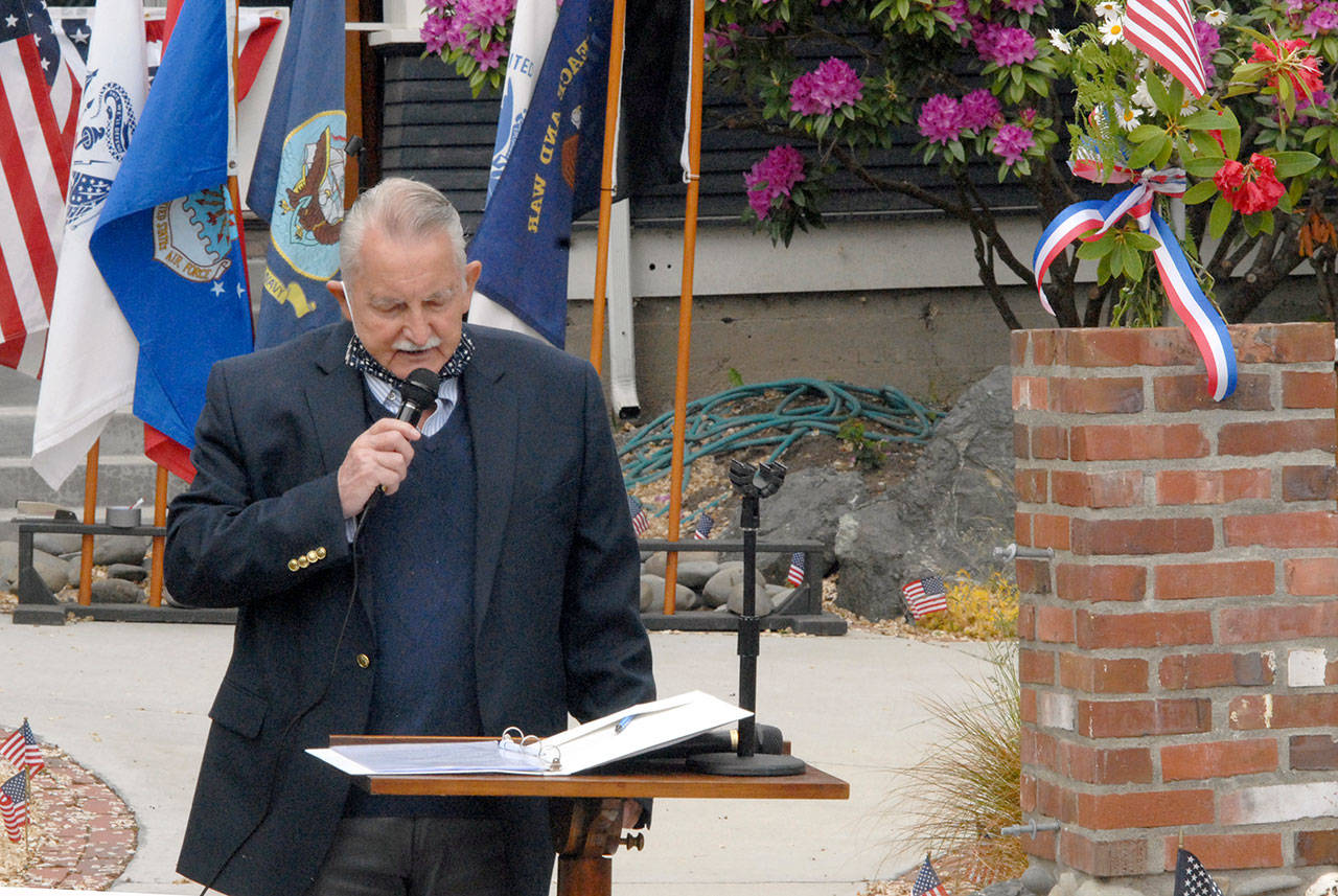 Joe Borden, vice president of the Captain Joseph House Foundation, speaks during the taping of a virtual Memorial Day presention on Friday. (Keith Thorpe/Peninsula Daily News)