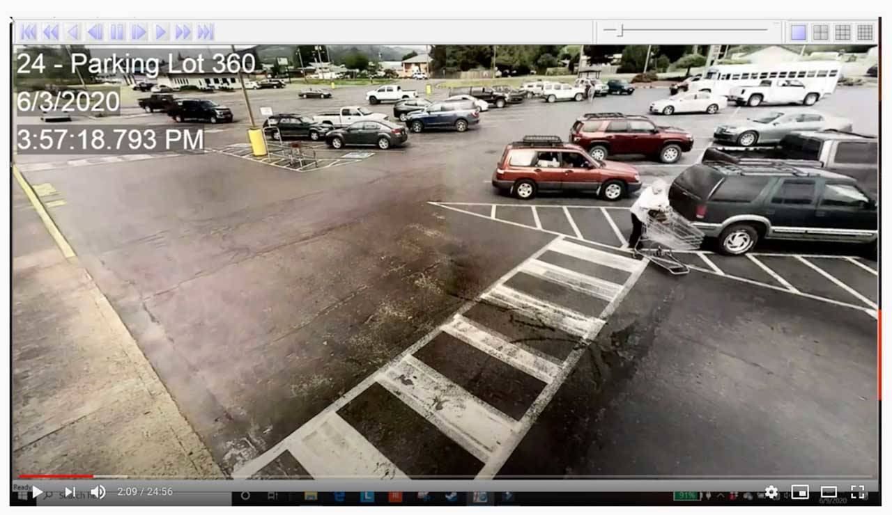 A screenshot shows the Spokane family’s bus in the parking lot at Forks Outfitters on June 3. “While the conduct of many on that day may have been morally reprehensible, to date there has been no criminal conduct identified as having occurred at the initial scene at Forks Outfitters,” the Clallam County Sheriff’s Office posted along with the video on YouTube. (Clallam County Sheriff’s Office via YouTube)