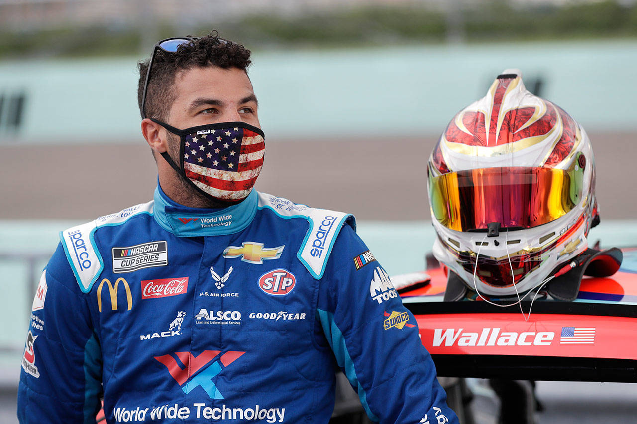 Bubba Wallace waits for the start of a NASCAR Cup Series auto race on June 14 in Homestead, Fla. (Wilfredo Lee/The Associated Press)