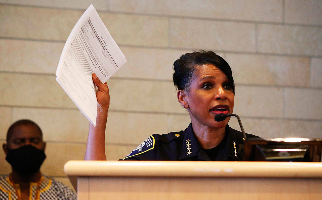 Seattle Police Chief Carmen Best speaks during a news conference Monday, June 22, 2020, in Seattle. (Ken Lambert/The Seattle Times via AP)
