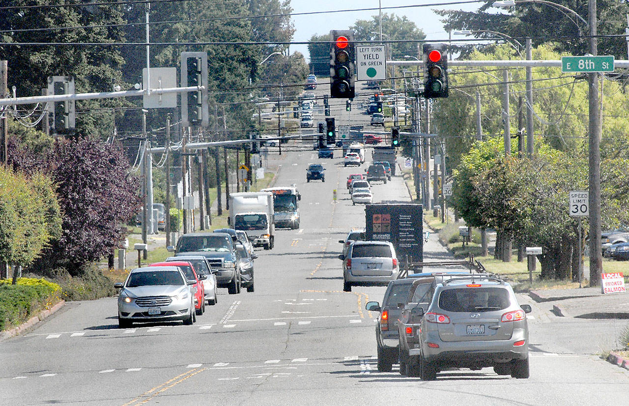 Traffic makes its way up Race Street in Port Angeles on Thursday, June 25, 2020. A section of the street between First and Olympus streets is slated for the installation of a new trail and landscaping beginning next year. (Keith Thorpe/Peninsula Daily News)