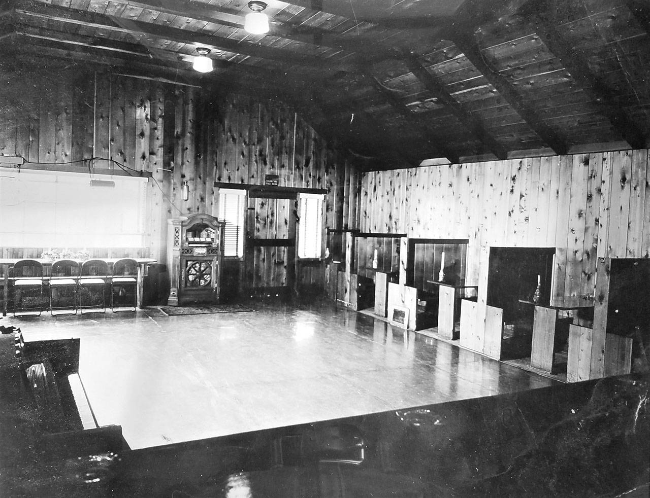 An image of the original dance floor and booths, date unknown. (Dupuis Restaurant collection)
