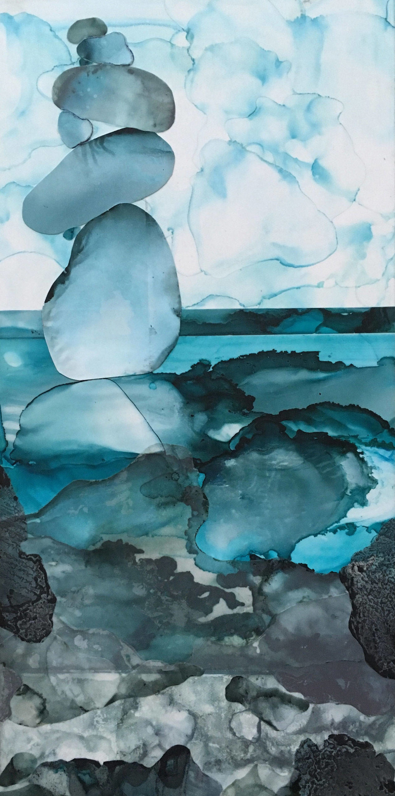 The Stone Stacker by JoAnna Caro is among the artwork present in Fluidity, A Digital Exhibit at the Sequim Civic Center.